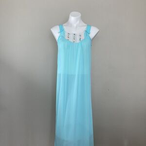 VTG Lingerie Maxi Slip 60s Berkliff Blue Floral Embroidery Size Small Romance